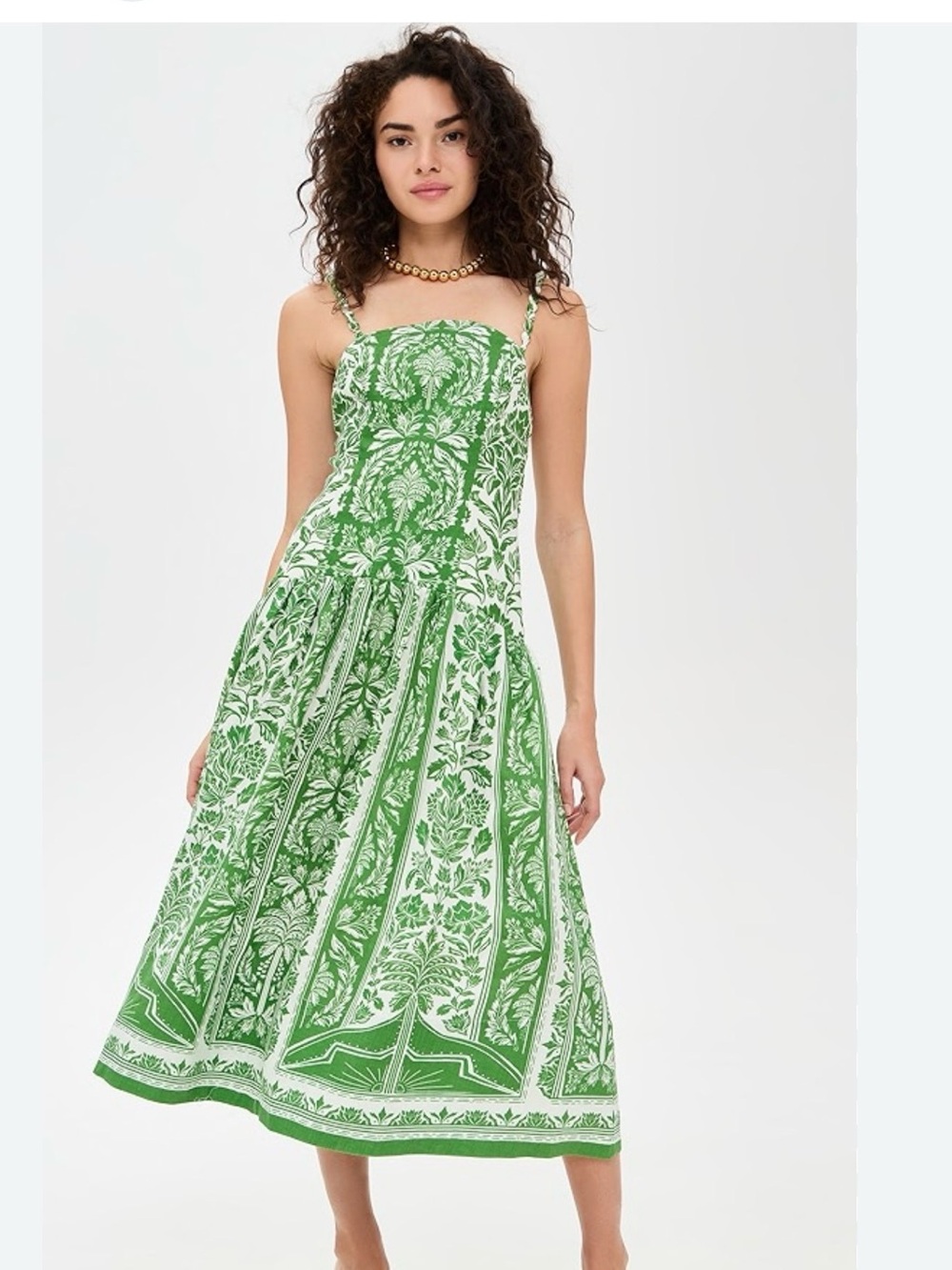 FARM Rio Green and White Printed Midi Dress